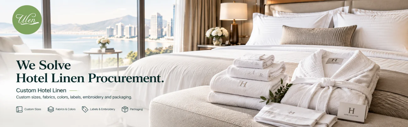 Ulen linen Custom Hotel Linen with sizes, fabrics, colors, labels, embroidery and packaging