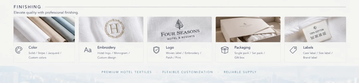 Custom hotel textile programs with color, embroidery, logo, labels and packaging