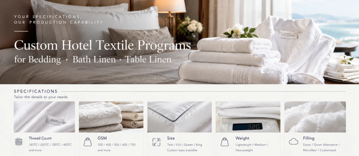 Custom hotel textile programs with thread count, gsm, size, weight and filling - Ulen