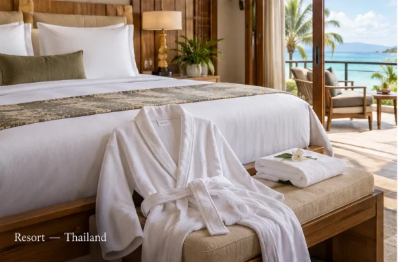 Ulen linen case Thailand resort with bathrobe bedding and towels Ulen linen case Thailand resort with bathrobe bedding and towels